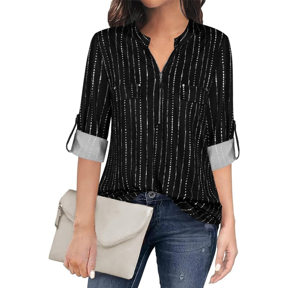 Women Black Strip Floral 3/4 Sleeve Shirt Zip Up V Neck Work Chiffon Blouses Top